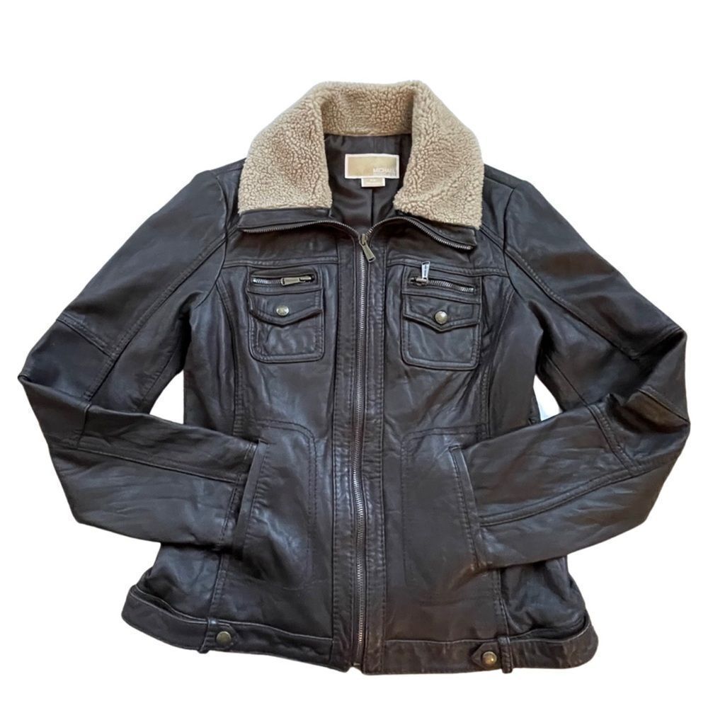 Michael Kors Women’s Leather Moto Jacket • Brown • Medium